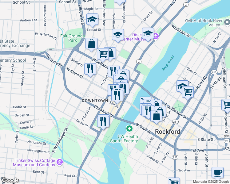 map of restaurants, bars, coffee shops, grocery stores, and more near 322 West State Street in Rockford