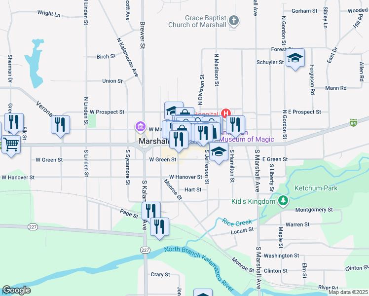 map of restaurants, bars, coffee shops, grocery stores, and more near 143 West Michigan Avenue in Marshall