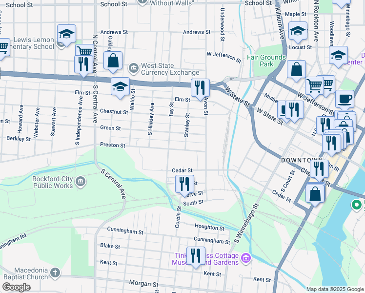 map of restaurants, bars, coffee shops, grocery stores, and more near 425 Stanley Street in Rockford