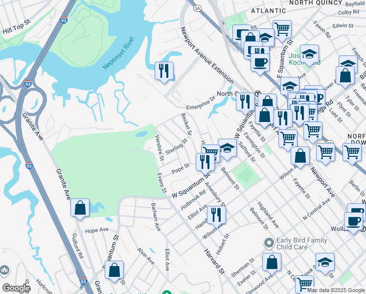 map of restaurants, bars, coffee shops, grocery stores, and more near 20 Sterling Street in Quincy