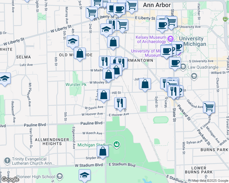map of restaurants, bars, coffee shops, grocery stores, and more near 113 Hill Street in Ann Arbor