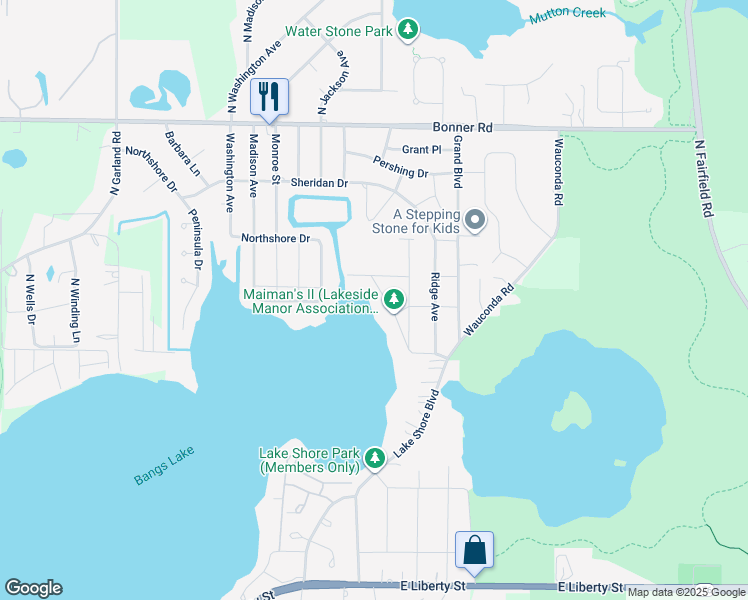 map of restaurants, bars, coffee shops, grocery stores, and more near 803 Lakeshore Drive in Wauconda