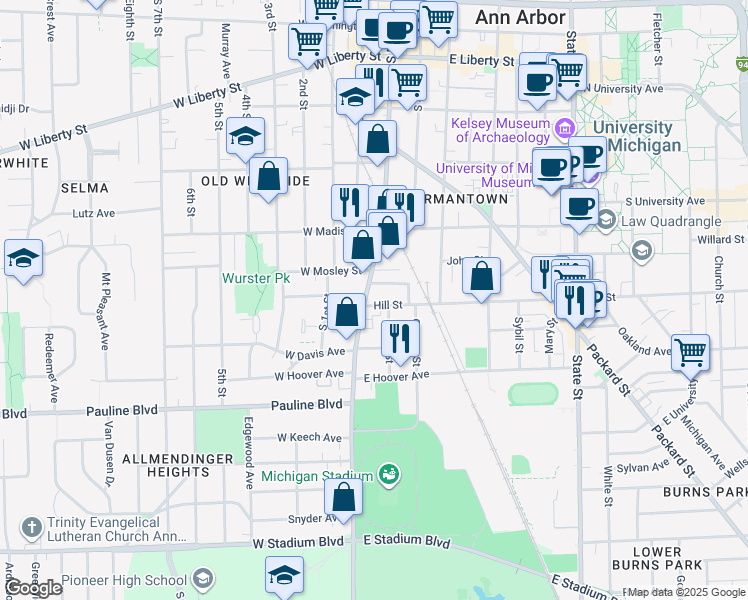 map of restaurants, bars, coffee shops, grocery stores, and more near 101 Hill Street in Ann Arbor