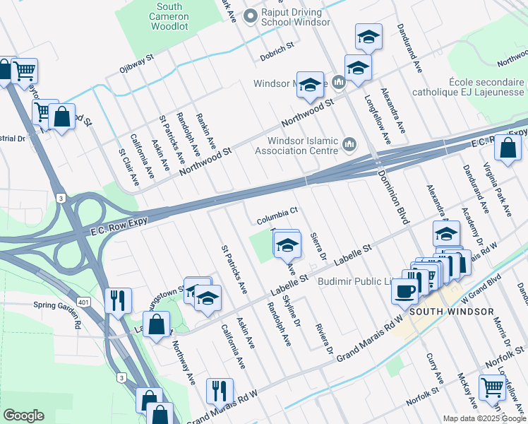 map of restaurants, bars, coffee shops, grocery stores, and more near 1900 Columbia Court in Windsor