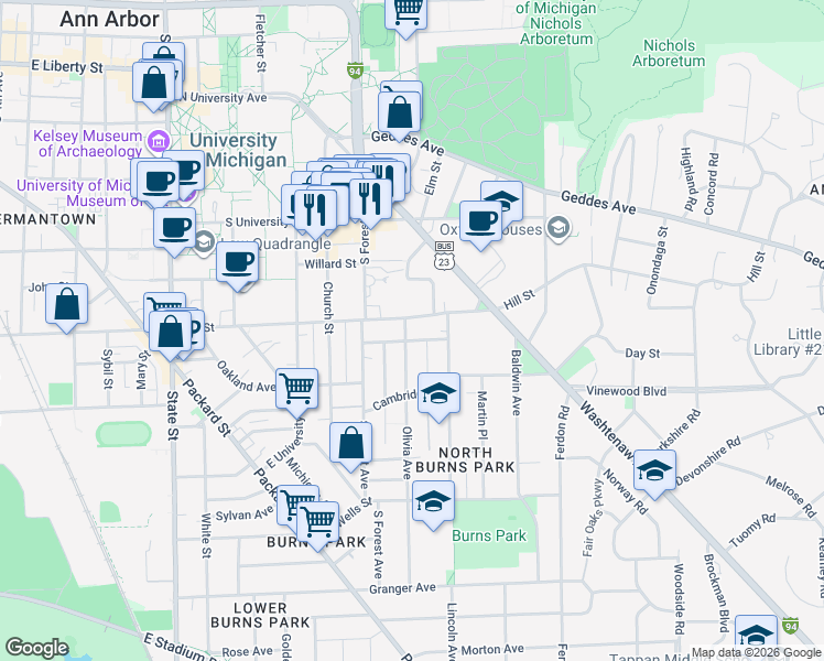 map of restaurants, bars, coffee shops, grocery stores, and more near 905 Olivia Avenue in Ann Arbor