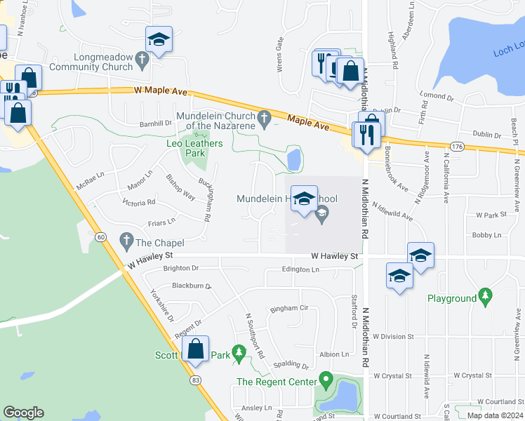 map of restaurants, bars, coffee shops, grocery stores, and more near 502 Woodhaven Drive in Mundelein