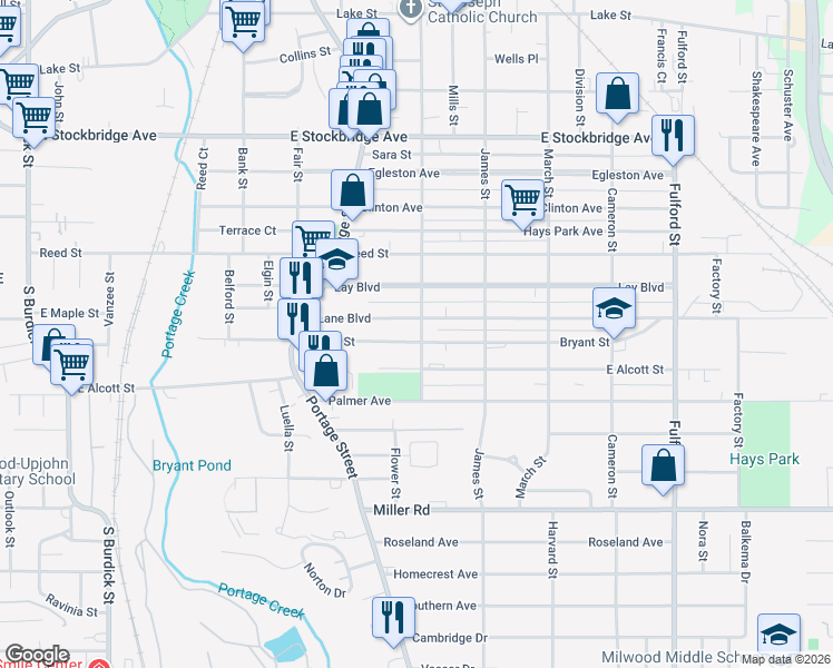 map of restaurants, bars, coffee shops, grocery stores, and more near 1026 Bryant Street in Kalamazoo
