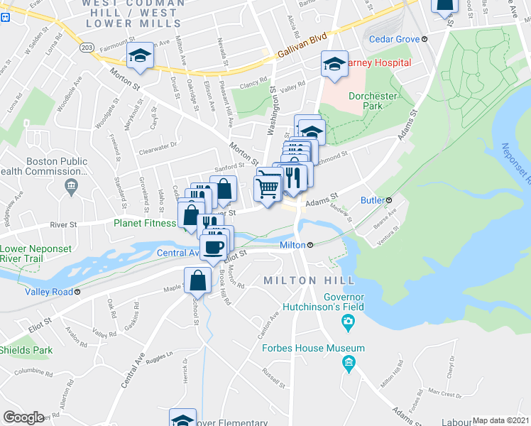 map of restaurants, bars, coffee shops, grocery stores, and more near 428 River Street in Boston