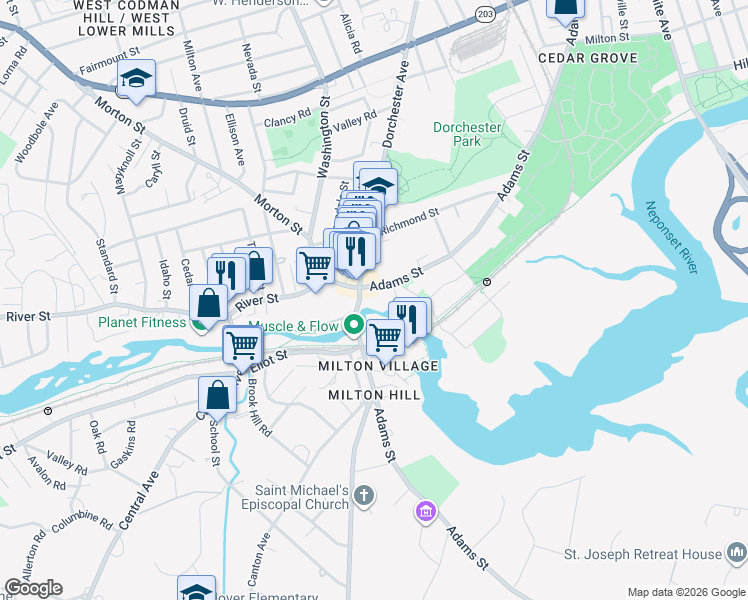 map of restaurants, bars, coffee shops, grocery stores, and more near 1220 Adams Street in Boston