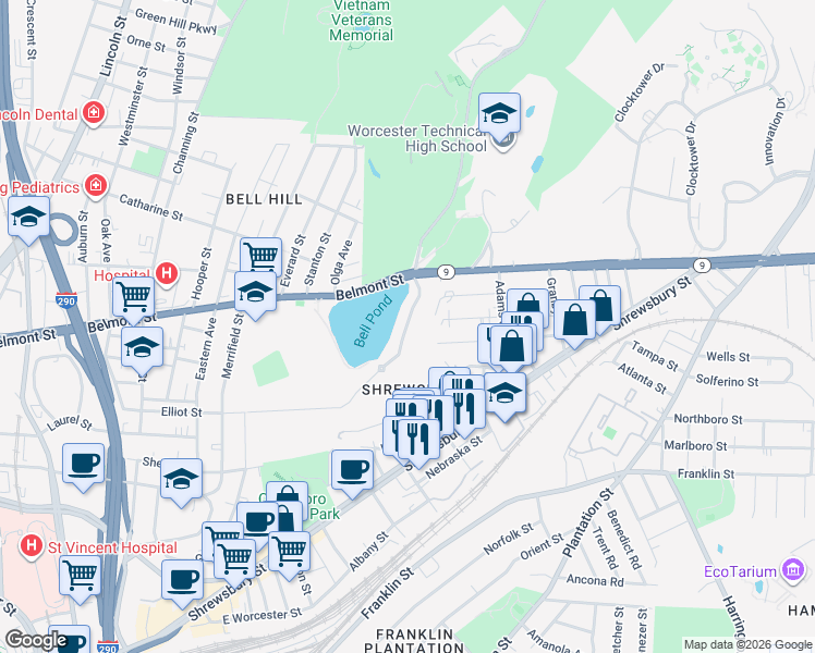 map of restaurants, bars, coffee shops, grocery stores, and more near Seabury Heights in Worcester