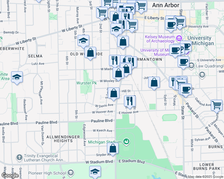 map of restaurants, bars, coffee shops, grocery stores, and more near 815 South 1st Street in Ann Arbor