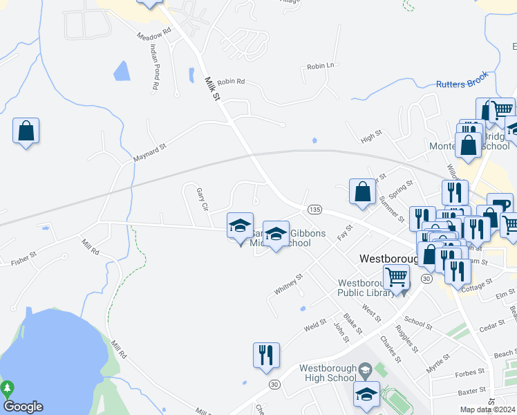 map of restaurants, bars, coffee shops, grocery stores, and more near 8 Juniper Circle in Westborough