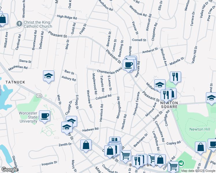 map of restaurants, bars, coffee shops, grocery stores, and more near 23 Tahanto Road in Worcester