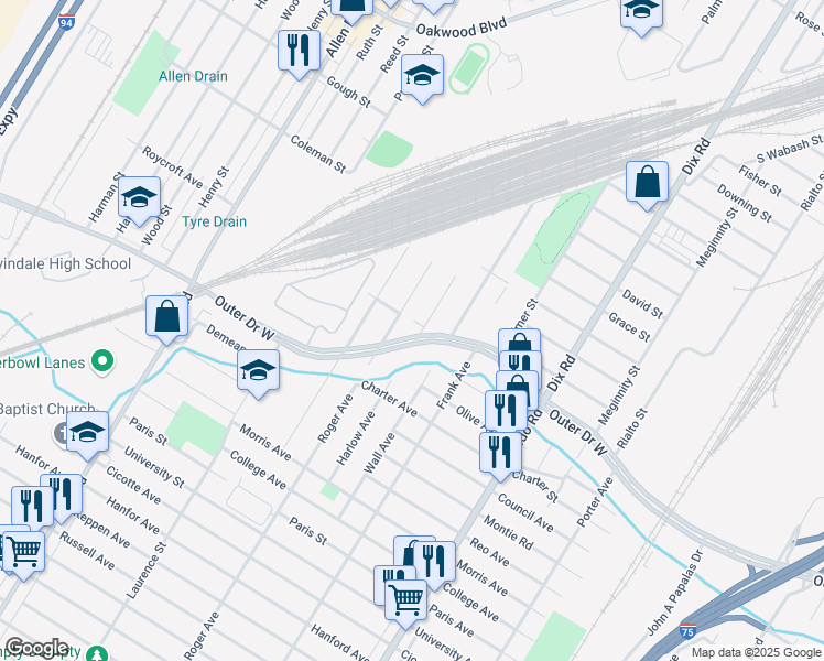 map of restaurants, bars, coffee shops, grocery stores, and more near 24691 Outer Dr in Melvindale