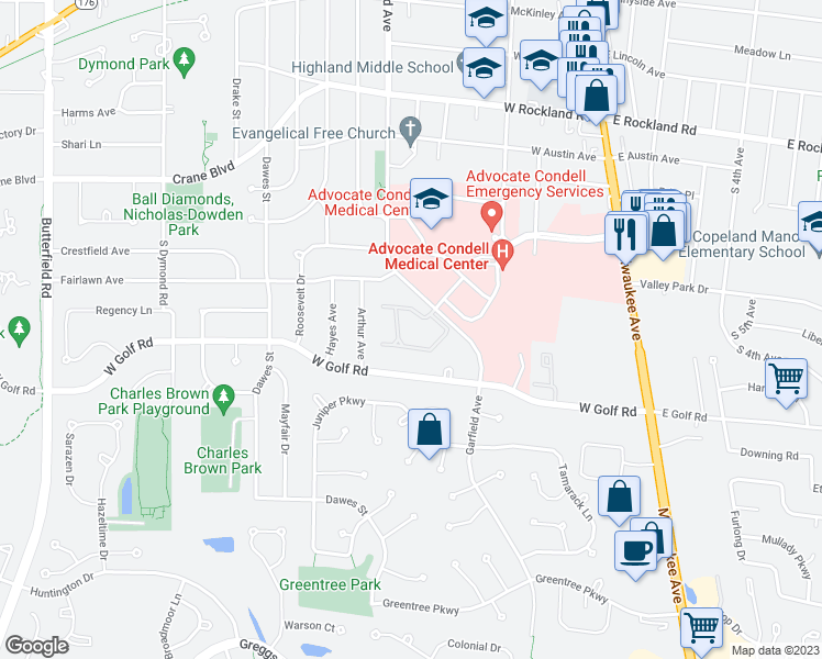 map of restaurants, bars, coffee shops, grocery stores, and more near 871 Garfield Avenue in Libertyville