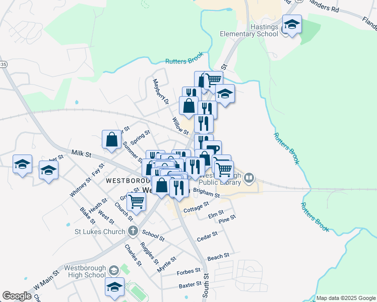 map of restaurants, bars, coffee shops, grocery stores, and more near 27 East Main Street in Westborough