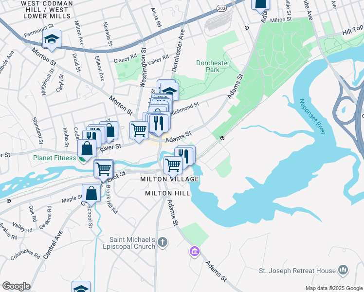 map of restaurants, bars, coffee shops, grocery stores, and more near 1190 Adams Street in Boston