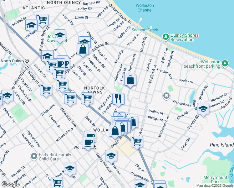 map of restaurants, bars, coffee shops, grocery stores, and more near 60 Ferndale Road in Quincy