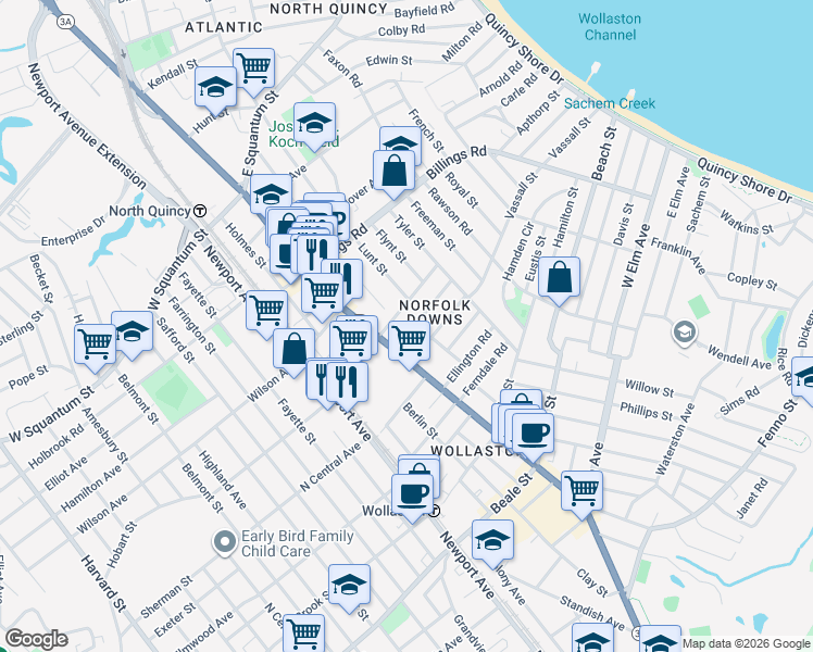 map of restaurants, bars, coffee shops, grocery stores, and more near 500 Hancock Street in Quincy