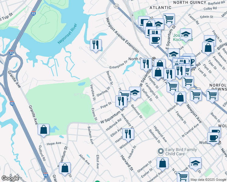 map of restaurants, bars, coffee shops, grocery stores, and more near 72 Sagamore Avenue in Quincy