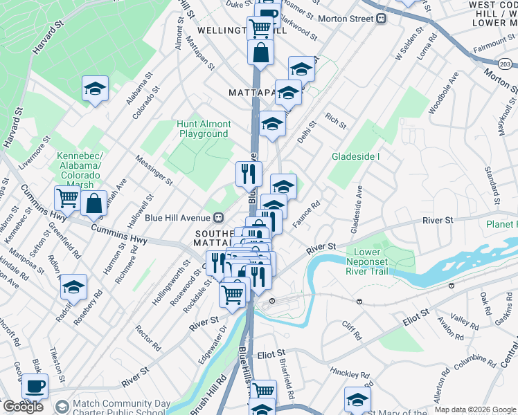 map of restaurants, bars, coffee shops, grocery stores, and more near 1531 Blue Hill Avenue in Boston