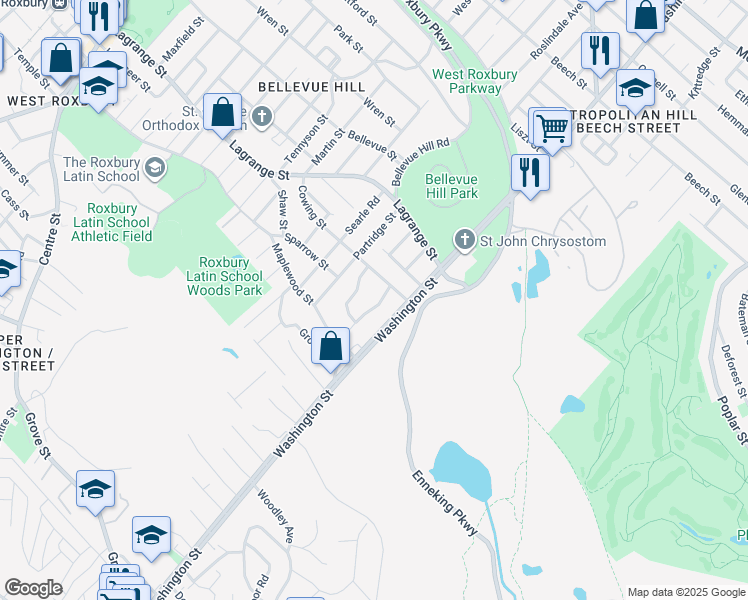 map of restaurants, bars, coffee shops, grocery stores, and more near 28 Vershire Street in Boston