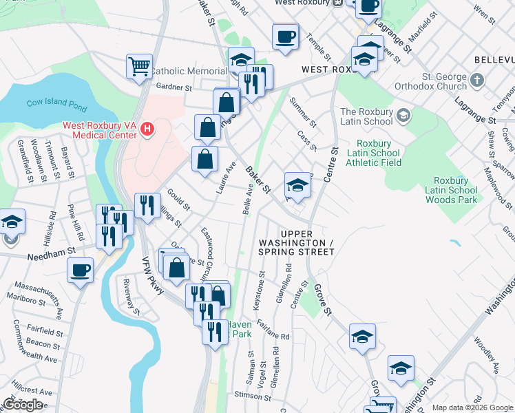 map of restaurants, bars, coffee shops, grocery stores, and more near 41 Glenhaven Road in Boston