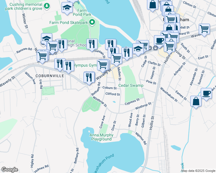 map of restaurants, bars, coffee shops, grocery stores, and more near 69 Bridges Street Extension in Framingham