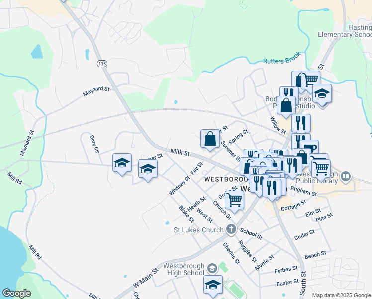 map of restaurants, bars, coffee shops, grocery stores, and more near 88 Milk Street in Westborough