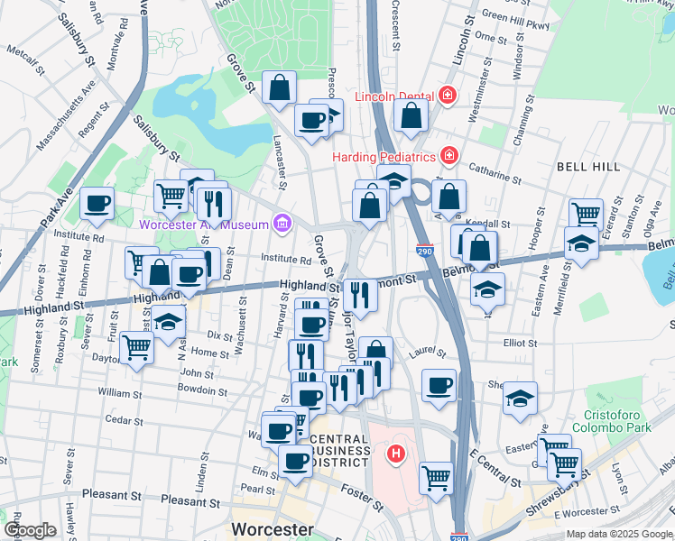 map of restaurants, bars, coffee shops, grocery stores, and more near in Worcester