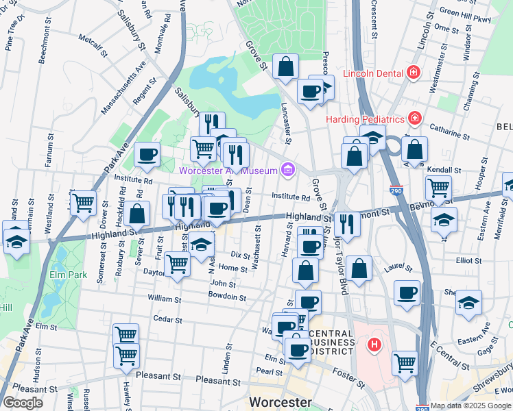 map of restaurants, bars, coffee shops, grocery stores, and more near 52 Highland Street in Worcester