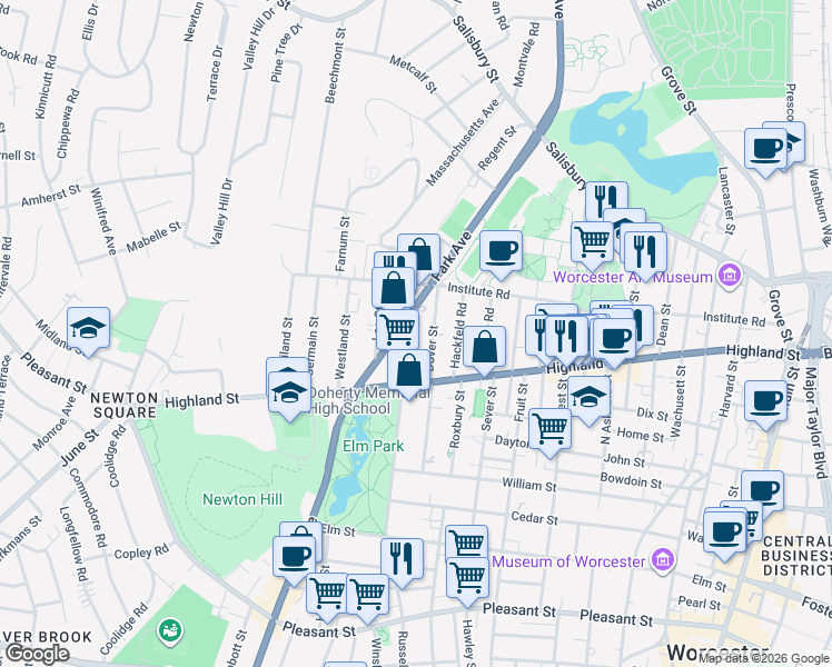 map of restaurants, bars, coffee shops, grocery stores, and more near 186 Russell Street in Worcester