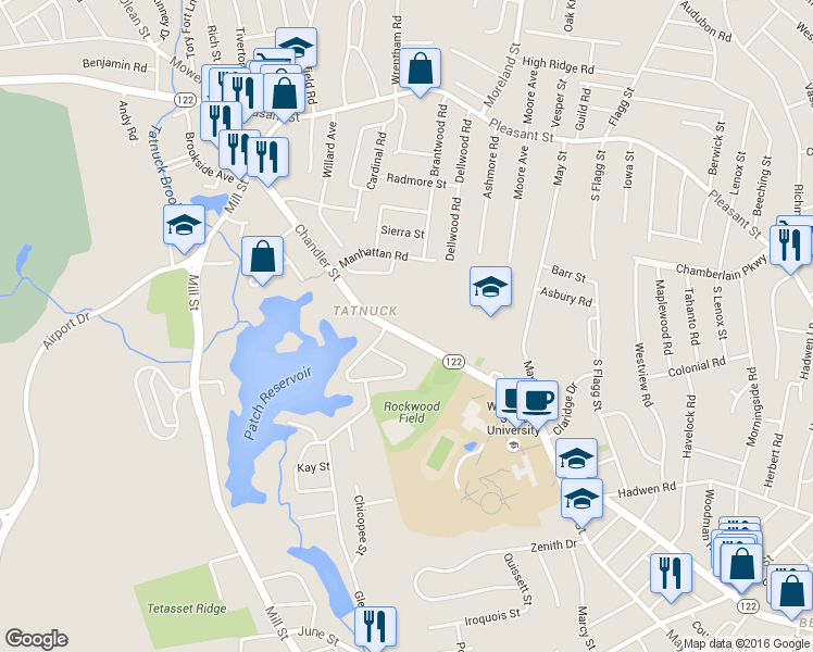map of restaurants, bars, coffee shops, grocery stores, and more near 556 Chandler Street in Worcester