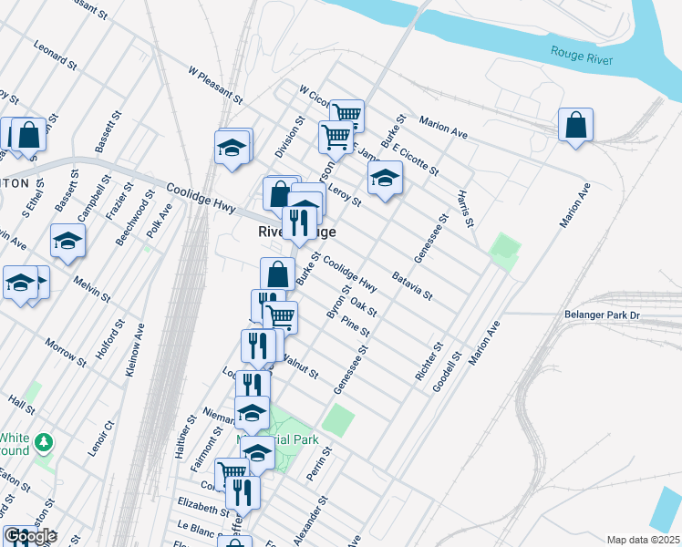 map of restaurants, bars, coffee shops, grocery stores, and more near 48 Oak Street in River Rouge