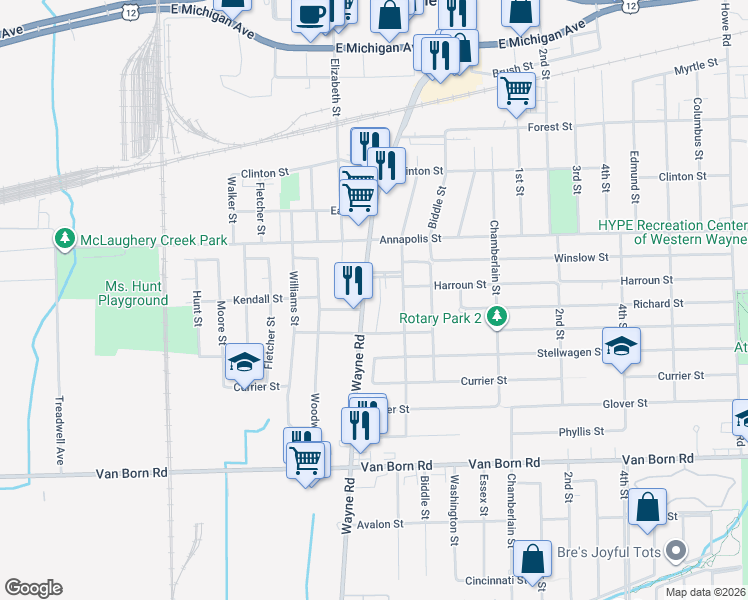 map of restaurants, bars, coffee shops, grocery stores, and more near 5027 South Wayne Road in Wayne