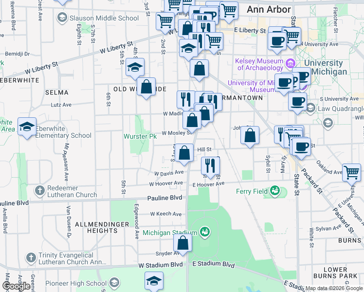 map of restaurants, bars, coffee shops, grocery stores, and more near 815 South 1st Street in Ann Arbor