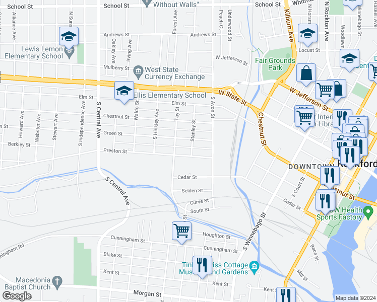map of restaurants, bars, coffee shops, grocery stores, and more near 1216 Preston Street in Rockford