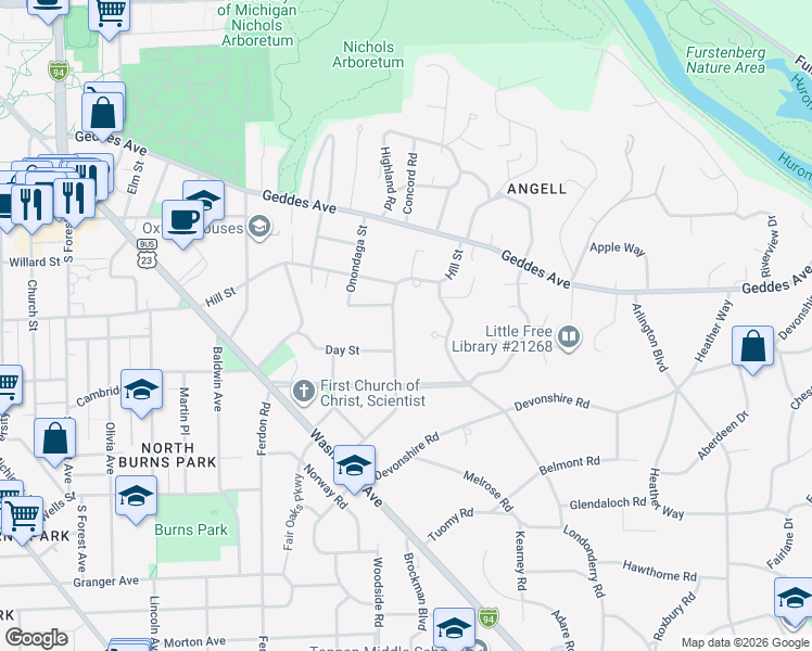 map of restaurants, bars, coffee shops, grocery stores, and more near 815 Berkshire Road in Ann Arbor