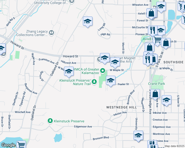map of restaurants, bars, coffee shops, grocery stores, and more near 1919 Stearns Avenue in Kalamazoo