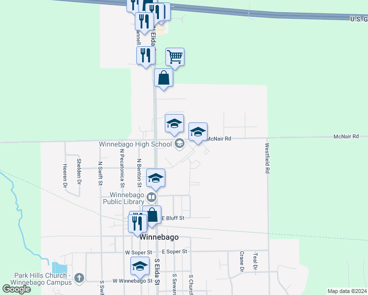 map of restaurants, bars, coffee shops, grocery stores, and more near 200 East McNair Road in Winnebago