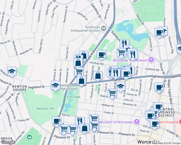 map of restaurants, bars, coffee shops, grocery stores, and more near 8 Hackfeld Road in Worcester