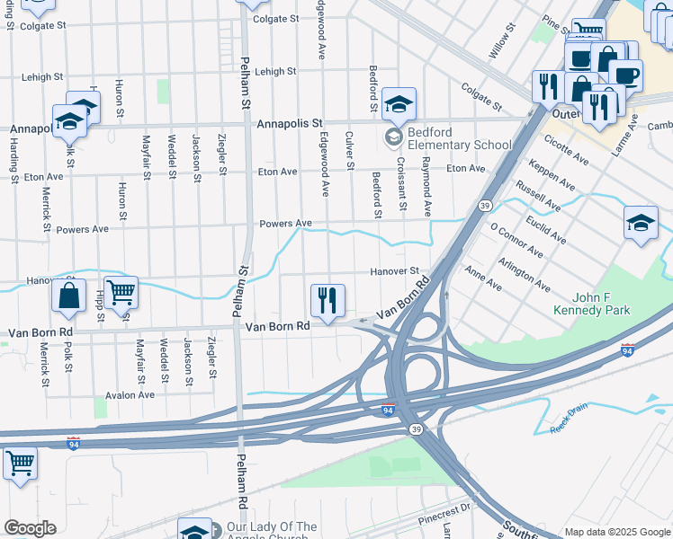 map of restaurants, bars, coffee shops, grocery stores, and more near 5602 Edgewood Street in Dearborn Heights
