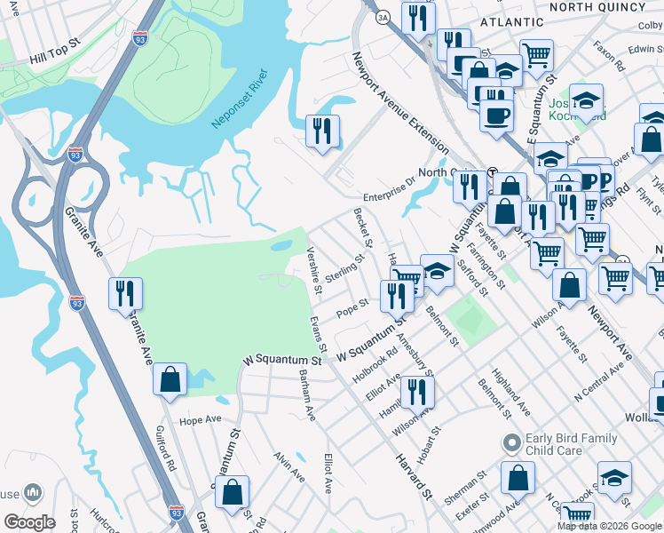 map of restaurants, bars, coffee shops, grocery stores, and more near 42 Sterling Street in Quincy