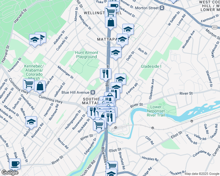 map of restaurants, bars, coffee shops, grocery stores, and more near 1531 Blue Hill Avenue in Boston