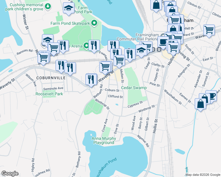 map of restaurants, bars, coffee shops, grocery stores, and more near 69 Bridges Street Extension in Framingham