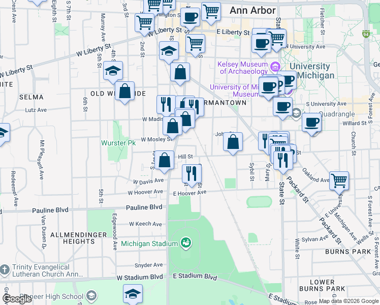 map of restaurants, bars, coffee shops, grocery stores, and more near 133 Hill Street in Ann Arbor