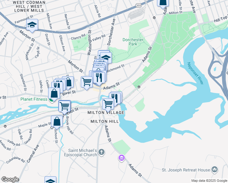 map of restaurants, bars, coffee shops, grocery stores, and more near 1190 Adams Street in Boston