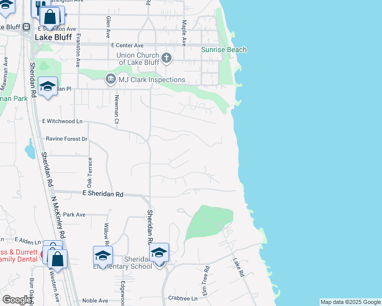 map of restaurants, bars, coffee shops, grocery stores, and more near 111 Moffett Road in Lake Bluff