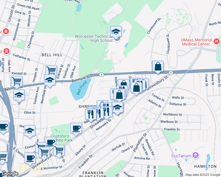 map of restaurants, bars, coffee shops, grocery stores, and more near 7 Ellsmere Street in Worcester