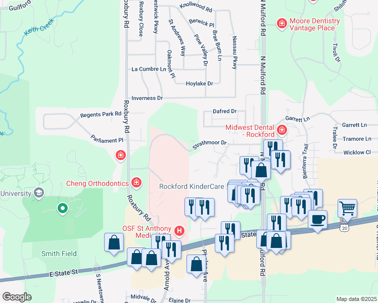 map of restaurants, bars, coffee shops, grocery stores, and more near 5601 Strathmoor Drive in Rockford